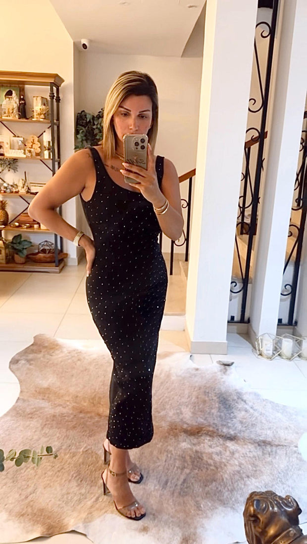 RHINESTONE-STUDDED DENIM DRESS