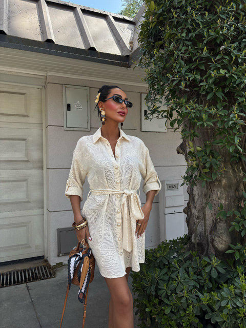 IVORY BELTED SHIRT DRESS